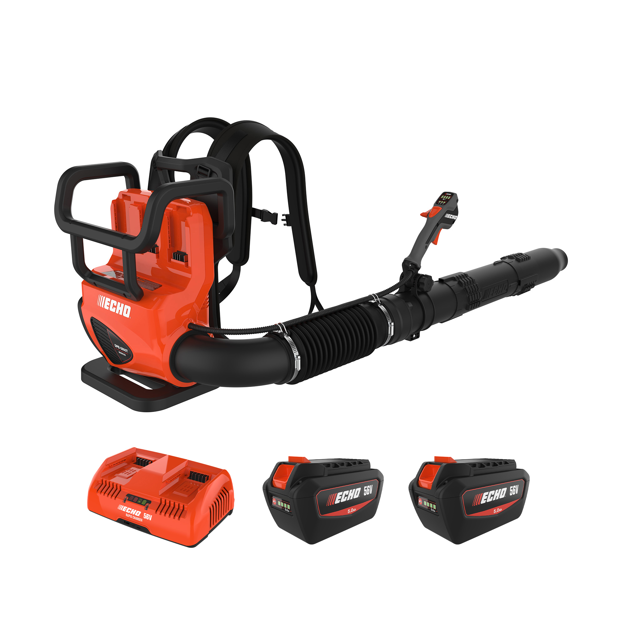 ECHO 56V Battery System, Battery-Powered Backpack Blower with Tube-Throttle, Includes (2) 5.0Ah Batteries and Dual Port Charger, Model# DPB-5800TD2-2